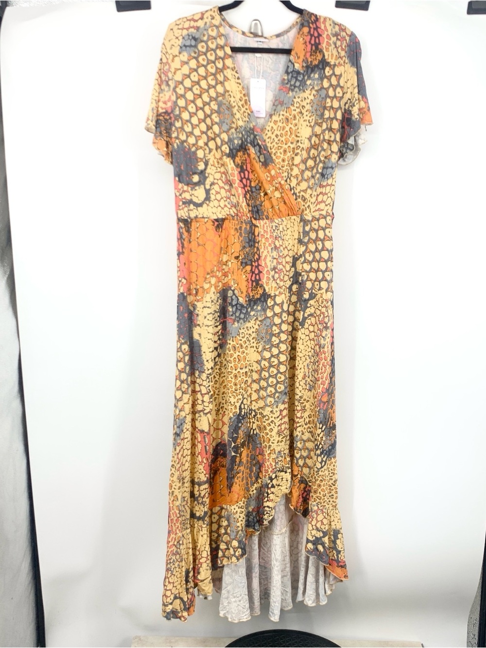 Lascana Women Size 14 XL Dress Brown Orange Printed Long Maxi Ruffle Wrap V Neck